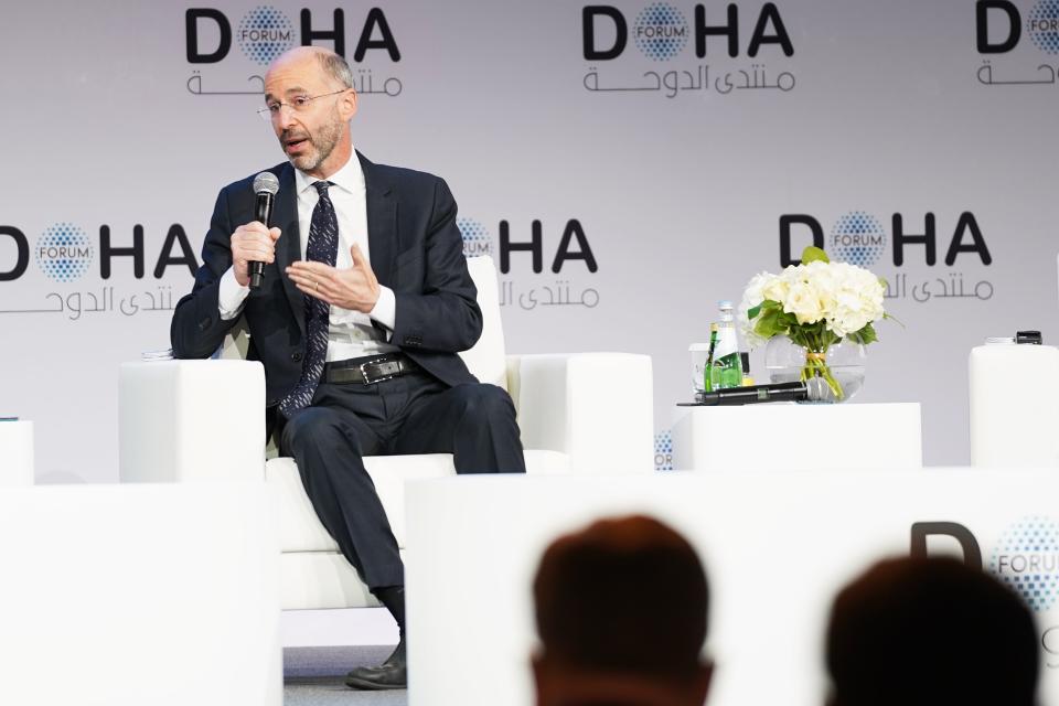 U.S. special envoy for Iran Robert Malley speaks at the Doha Forum in Doha, Qatar, Sunday, March 27, 2022. Malley spoke as negotiations between Iran and world powers of its tattered nuclear deal appear to be nearing their end. (AP Photo/Lujain Jo)