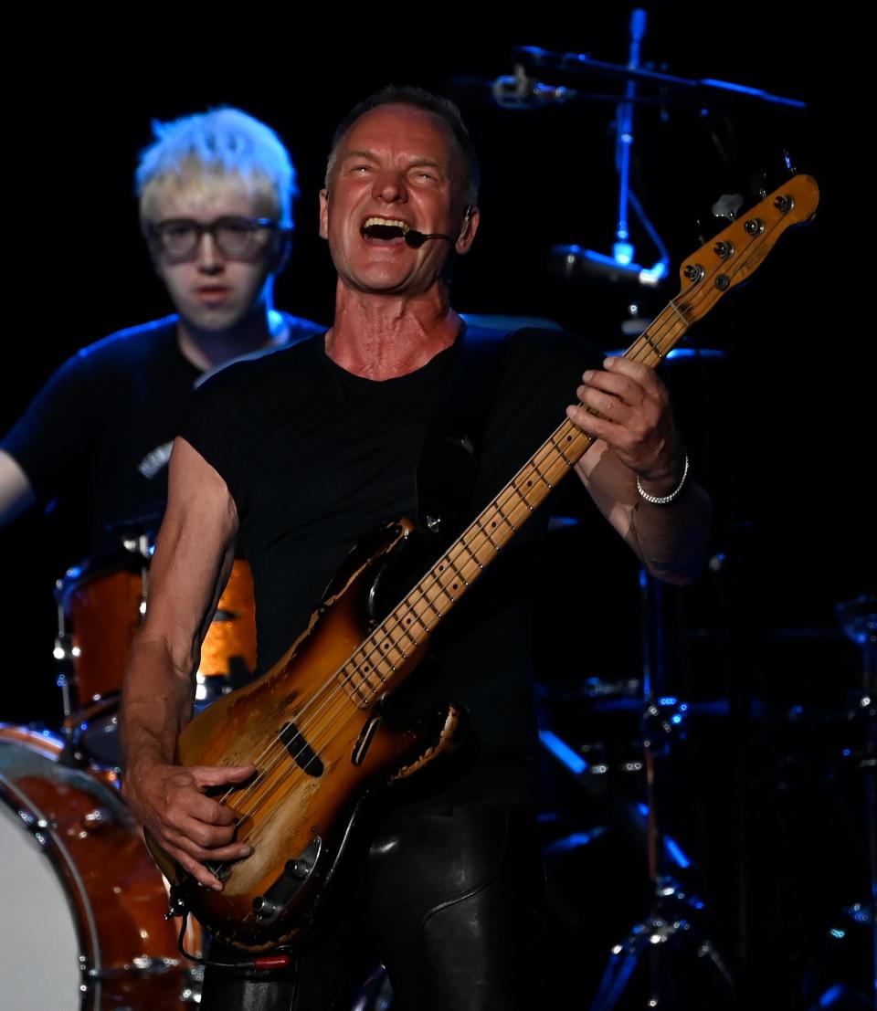 Sting performs with drummer Zach Jones during his My Songs tour at the Ascend Amphitheater Wednesday, May 18, 2022, in Nashville, Tenn. 