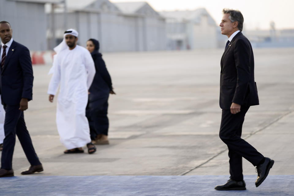 U.S. Secretary of State Antony Blinken arrives in Abu Dhabi, United Arab Emirates, Saturday Oct. 14, 2023. (AP Photo/Jacquelyn Martin, Pool)