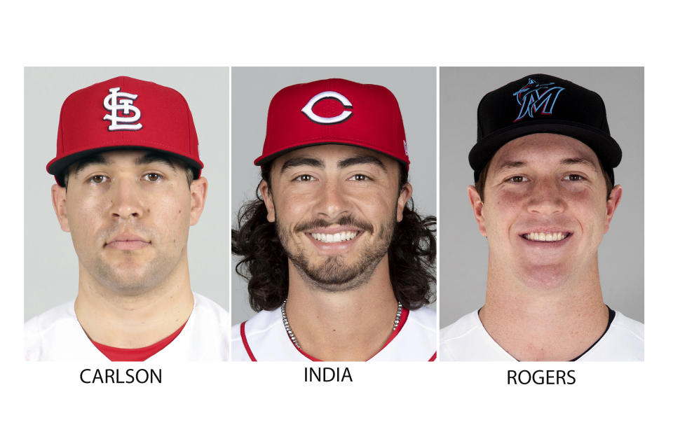 FILE - The BBWAA announces its winners for baseball Rookie of the Year in both the American League and National League, Monday, Nov. 15, 2021. The NL finalists are St. Louis' Dylan Carlson, Cincinnati's Jonathan India and Marlins left-hander Trevor Rogers. (AP Photo/Pool via AP, File)