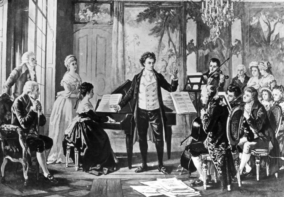 Beethoven conducting one of his three 'Rasumowsky' string quartets, c 1810, by Borckmann