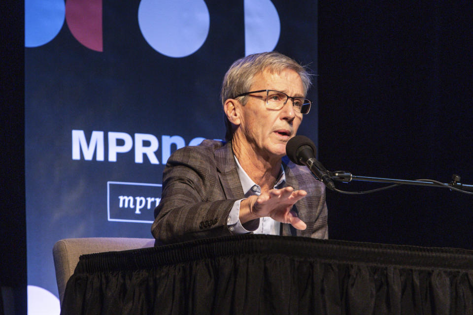 Gubernatorial candidate Scott Jensen debates incumbent governor Tim Walz in the third and final gubernatorial debate at the Fitzgerald Theater Friday, Oct. 28, 2022, in St. Paul, Minn. (AP Photo/Nicole Neri)