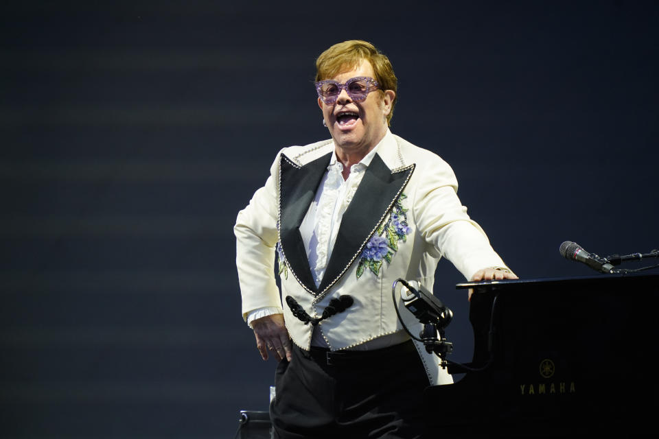 Elton John performs during his "Farewell Yellow Brick Road," tour, Friday, July 15, 2022, at Citizens Bank Park in Philadelphia. (AP Photo/Matt Rourke)