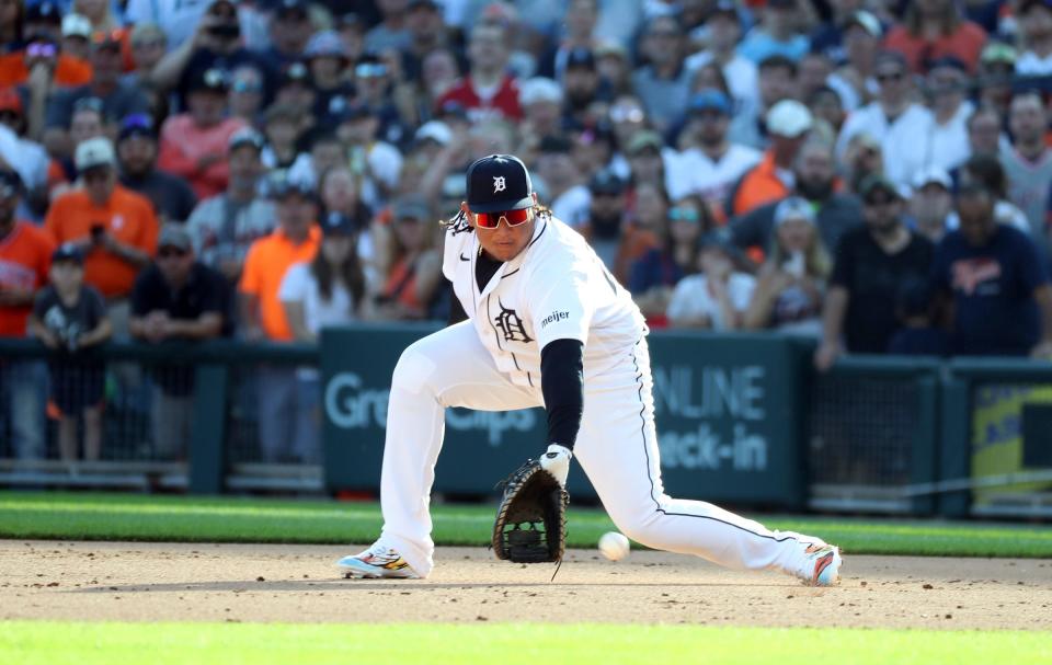 Detroit Tigers designated hitter Miguel Cabrera makes his last play at first base as a Tiger during eighth inning action on Sunday, Oct. 1, 2023.