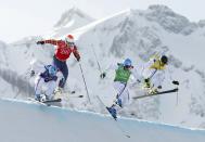 France's Arnaud Bovolenta, Canada's Brady Leman, France's Jean Frederic Chapuis and France's Jonathan Midol (L-R) compete during the men's freestyle skiing skicross finals round at the 2014 Sochi Winter Olympic Games in Rosa Khutor February 20, 2014. REUTERS/Lucas Jackson (RUSSIA - Tags: SPORT SKIING OLYMPICS)