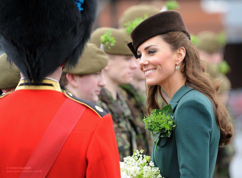 On her first solo military engagement, HRH Catherine, The Duchess of Cambridge presented shamrocks to the 1st Battalion Irish Guards at the St Patrick’s Day Parade, Mons Barracks, Aldershot on Saturday, 17th March 2012.