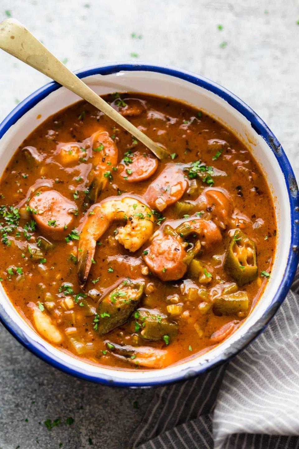 Shrimp and sausage gumbo with okra.