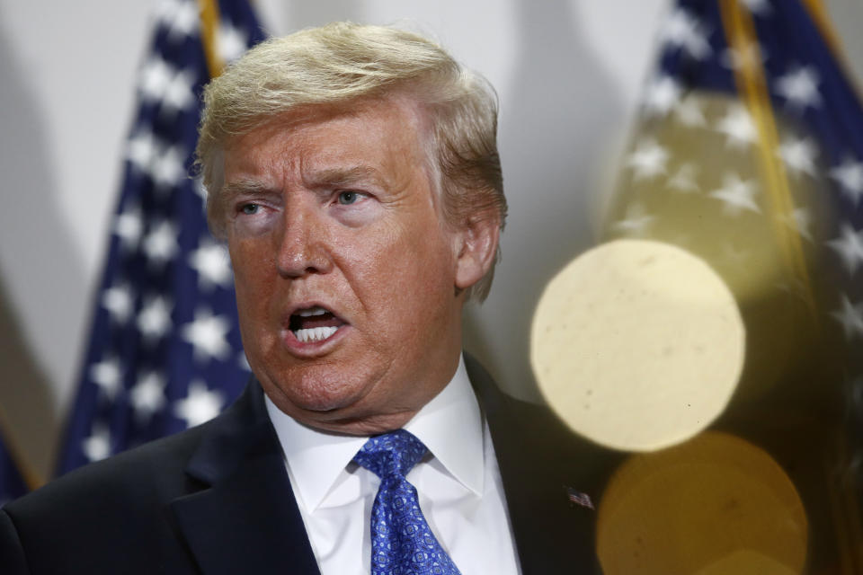 FILE - In this May 19, 2020, file photo President Donald Trump speaks with reporters after meeting with Senate Republicans at their weekly luncheon on Capitol Hill in Washington. (AP Photo/Patrick Semansky, File)