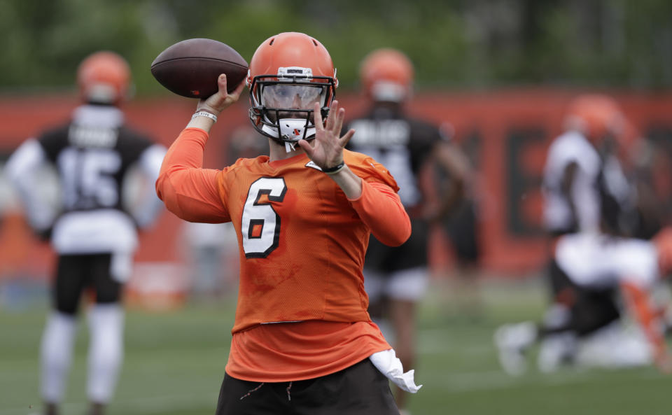 Baker Mayfield is prepared to back up Tyrod Taylor in his first year in Cleveland. (AP Photo/Tony Dejak)