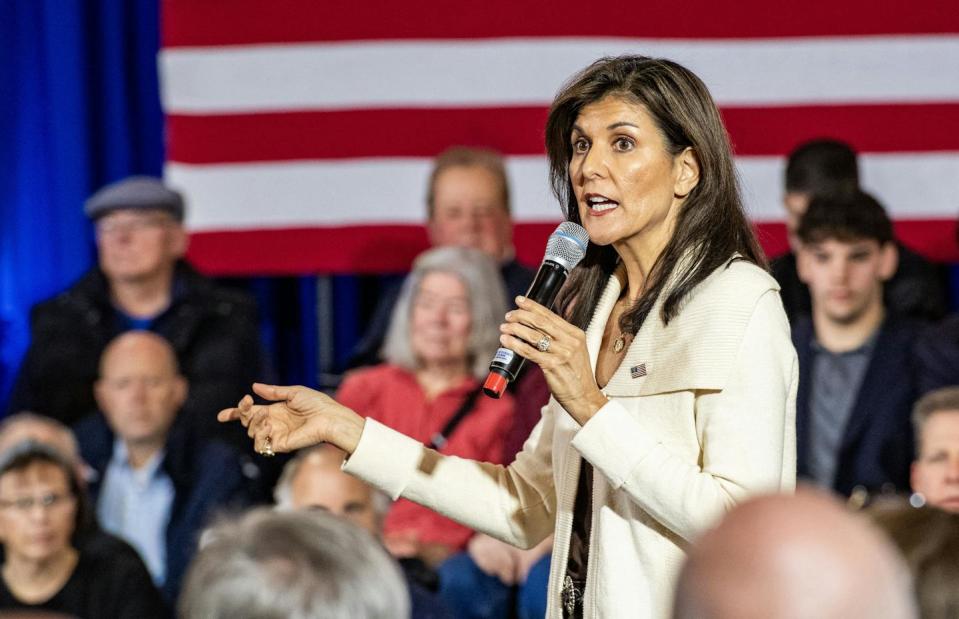 Republican presidential hopeful Nikki Haley speaks at a campaign town hall event in Rye, N.H., on Jan. 2, 2024. <a href="https://www.gettyimages.com/detail/news-photo/former-un-ambassador-and-2024-republican-presidential-news-photo/1895740236?adppopup=true" rel="nofollow noopener" target="_blank" data-ylk="slk:Joseph Prezioso/AFP via Getty Images;elm:context_link;itc:0;sec:content-canvas" class="link ">Joseph Prezioso/AFP via Getty Images</a>