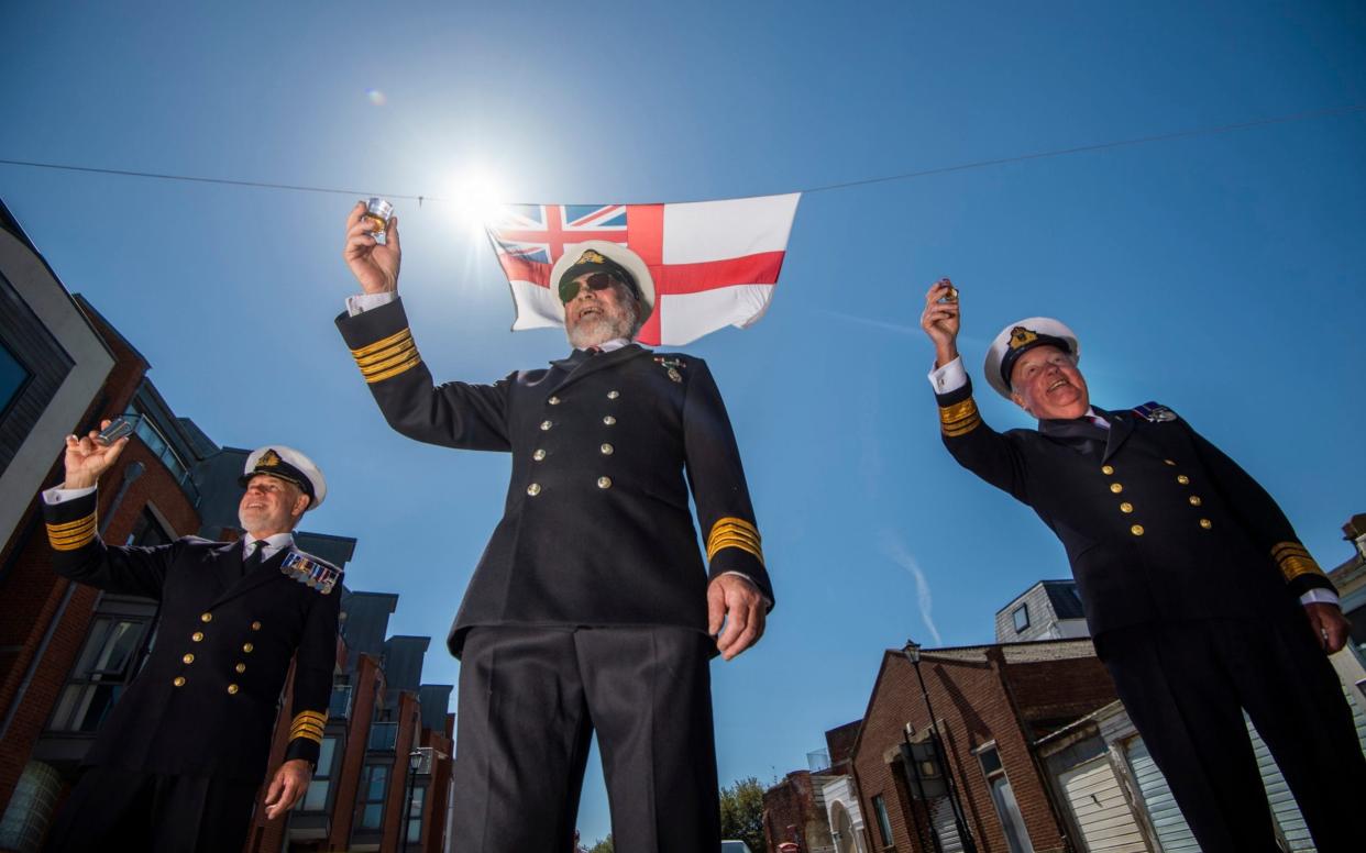 Sir Robin Knox-Johnston and members of the Royal Naval Association raising a glass to those who fought in Dunkirk - Paul Grover/Daily Telegraph 