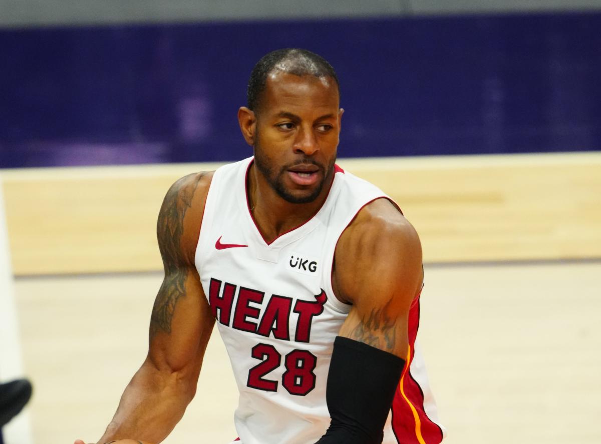 Miami Heat forward Andre Iguodala (28) sets up for a shot as