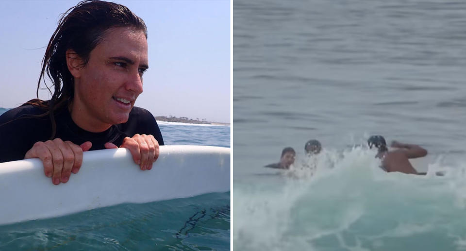 Left, Sara Taylor can be seen in the water holding onto her white surf board, right, a screenshot of the surfer punch her in the water.