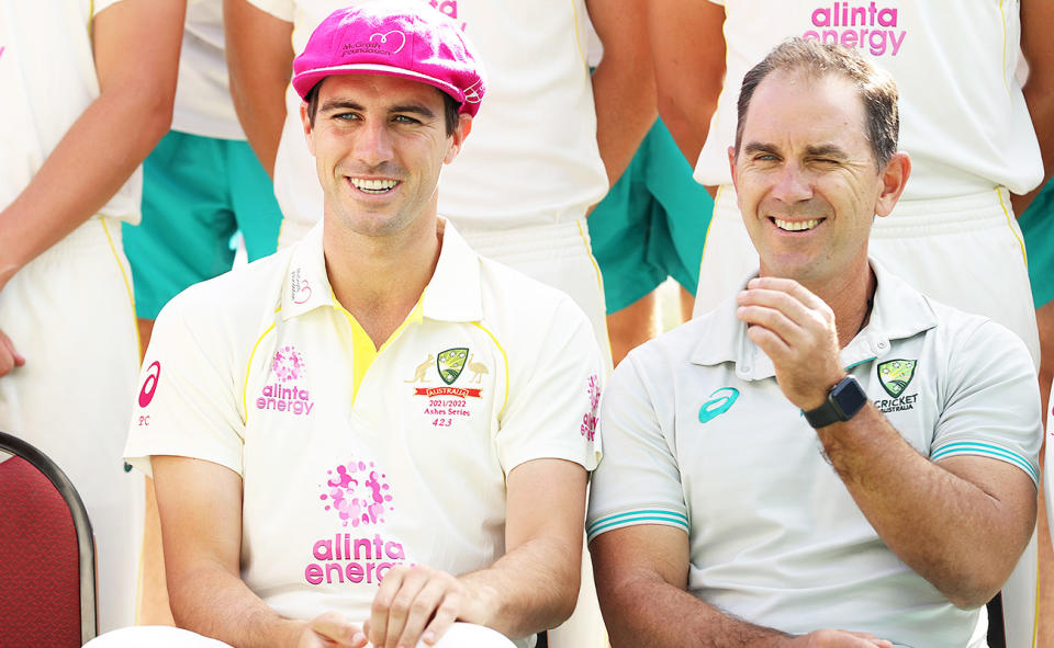Pat Cummins and Justin Langer, pictured here before a Test in 2022.