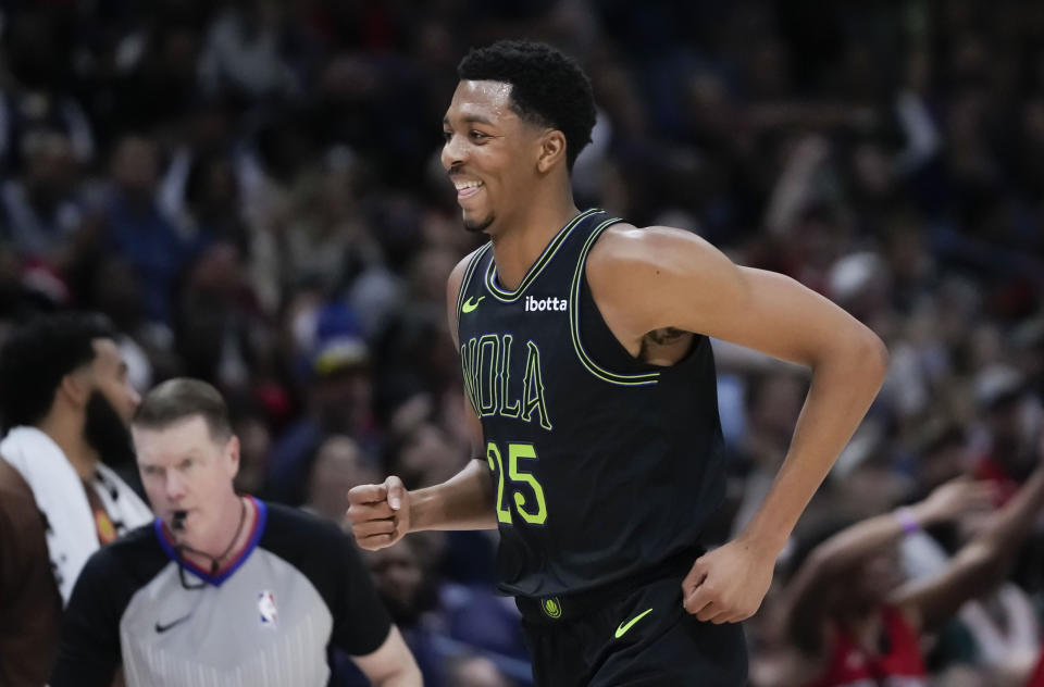 New Orleans Pelicans guard Trey Murphy III (25) reacts after making a 3-point basket in the second half of an NBA basketball game against the San Antonio Spursin New Orleans, Friday, Dec. 1, 2023. The Pelicans won 121-106. (AP Photo/Gerald Herbert)