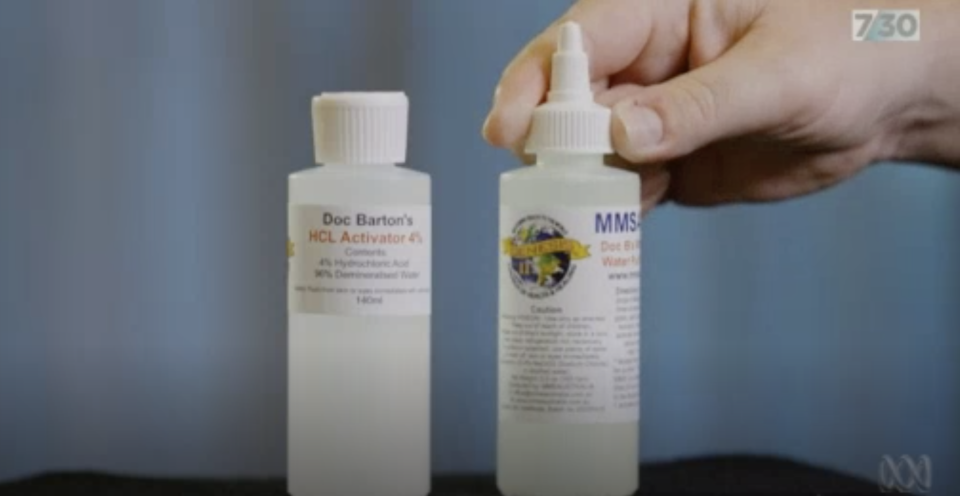 Pictured are two bottles of the MMS solution. 