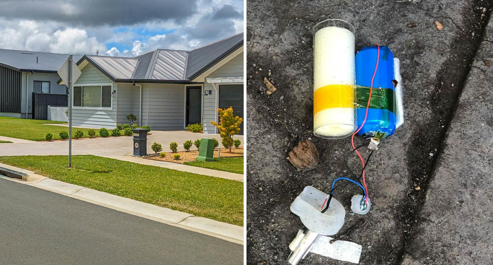 A photo of a generic house. Another photo of what is believed to be the interior contents of a vape.