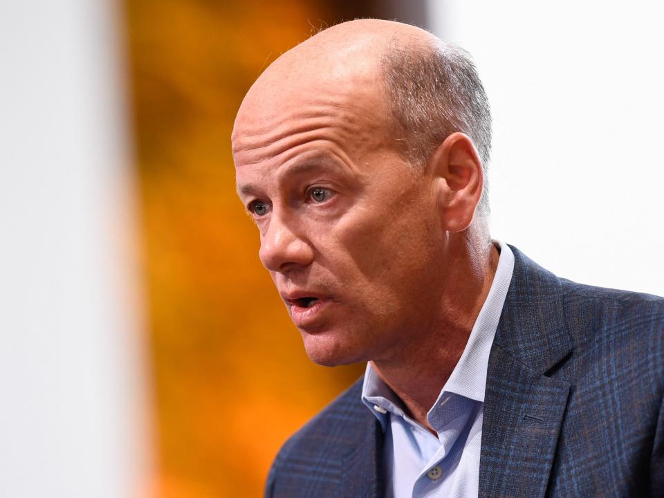 Greg Becker, CEO of SVB Financial, is shown speaking during the Milken Institute Global Conference in Beverly Hills, California, on May 3, 2022.