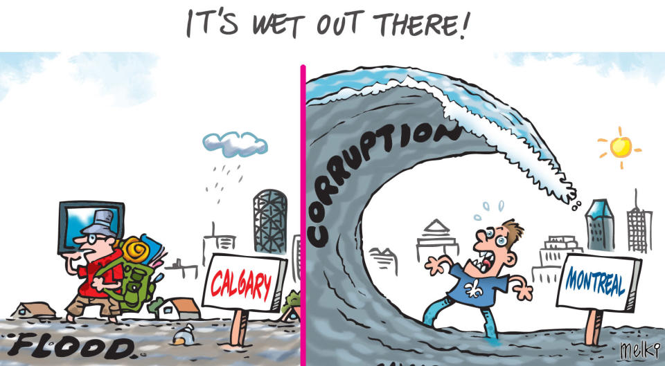 Heavy floods hit the province of Alberta in June. Also this year, the anti-corruption inquiry was making waves in the province of Quebec. Daily editorial cartoon for June 26, 2013 by Melki.