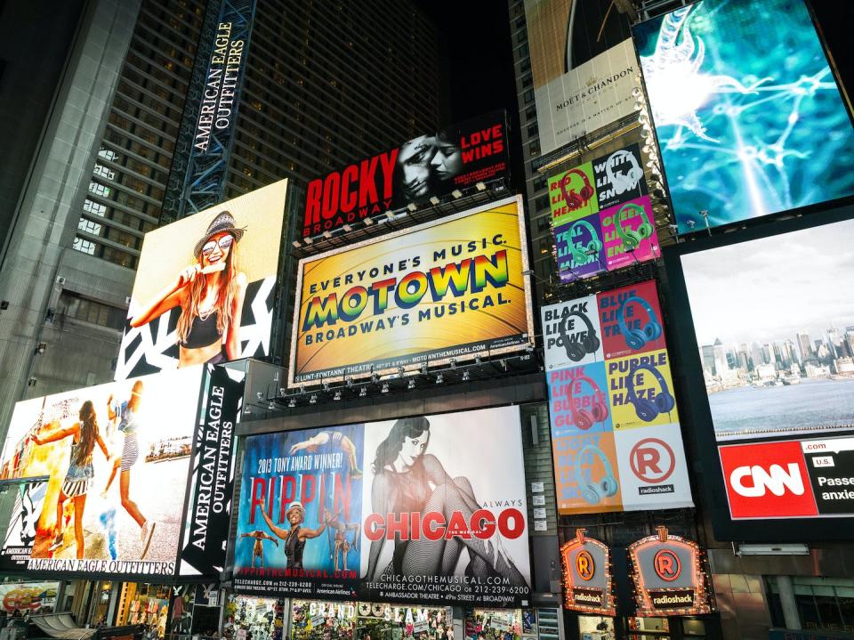 Broadway musical theater billboards in Times Square in New York City. <a href="https://www.gettyimages.com/detail/photo/broadway-theater-billboards-new-york-royalty-free-image/583765685?phrase=broadway+night&adppopup=true" rel="nofollow noopener" target="_blank" data-ylk="slk:Ozgur Donmaz/Getty Images;elm:context_link;itc:0;sec:content-canvas" class="link ">Ozgur Donmaz/Getty Images</a>