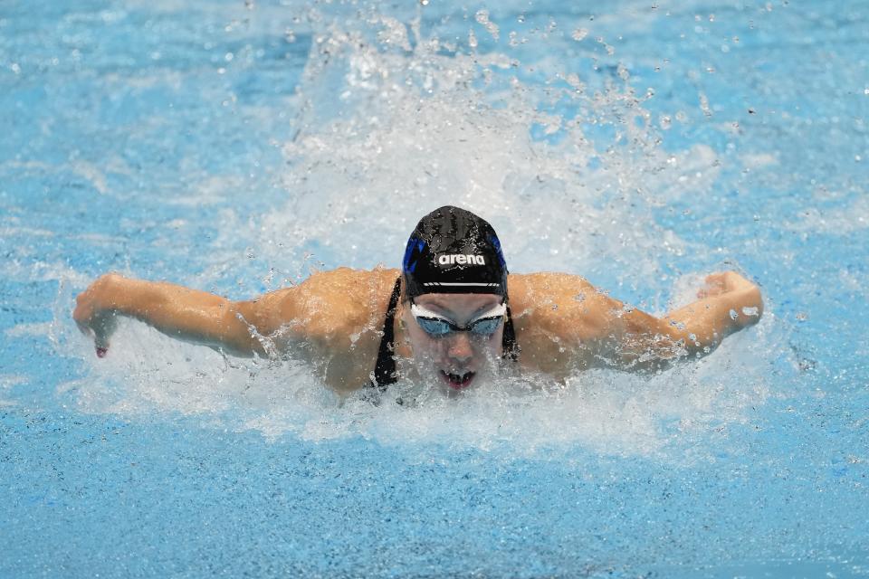 Gretchen Walsh swims during the Women's 100 Butterfly Saturday, June 15, 2024, at the US Swimming Olympic Trials in Indianapolis. (AP Photo/Darron Cummings)