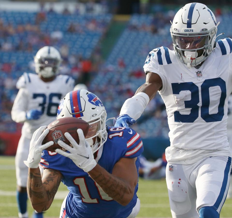 Isaiah Hodgins made a dazzling 27-yard reception down the right sideline in the Bills' preseason victory over the Colts.