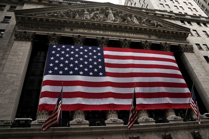 A U.S flag is seen on the New York Stock Exchange in the Manhattan borough of New York City