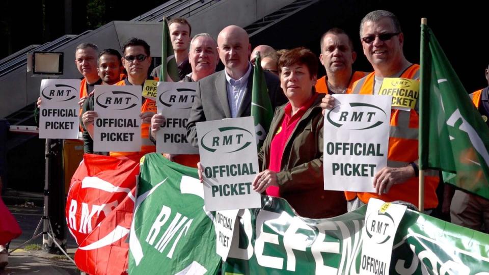 RMT chief Mick Lynch joined the picket line at Euston Station in central London on Saturday (Sarah Collier/PA) (PA Wire)