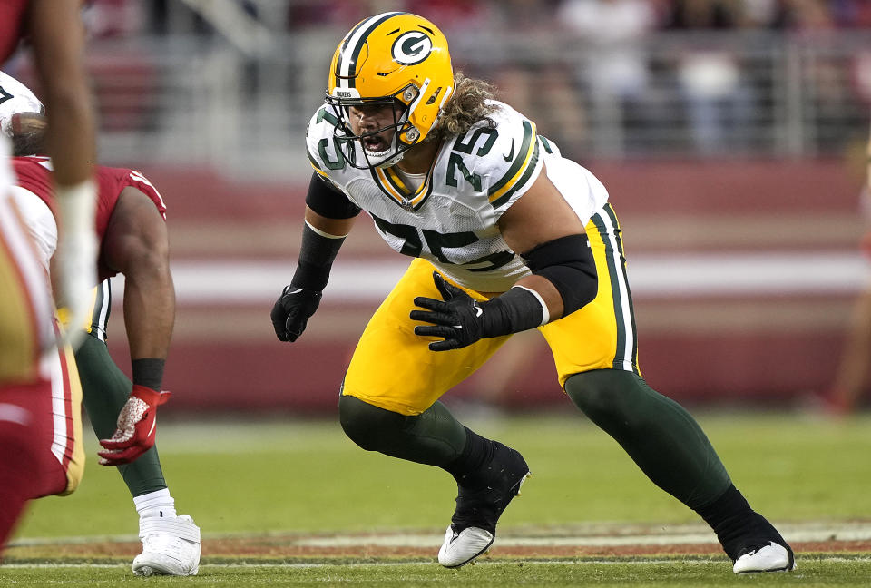 SANTA CLARA, CALIFORNIA – AUGUST 12: Sean Rhyan #75 of the Green Bay Packers blocks against the <a class="link " href="https://sports.yahoo.com/nfl/teams/san-francisco/" data-i13n="sec:content-canvas;subsec:anchor_text;elm:context_link" data-ylk="slk:San Francisco 49ers;sec:content-canvas;subsec:anchor_text;elm:context_link;itc:0">San Francisco 49ers</a> during the fourth quarter of an NFL preseason football game at Levi’s Stadium on August 12, 2022 in Santa Clara, California. (Photo by Thearon W. Henderson/Getty Images)