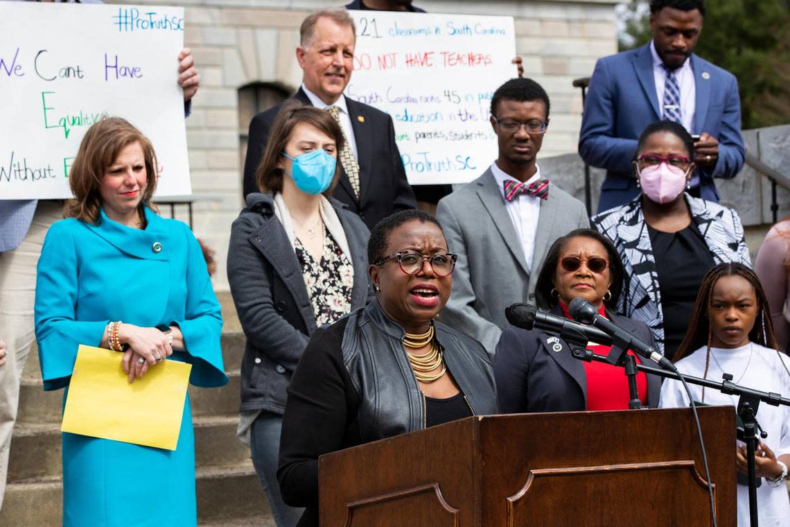 LaTisha Vaugn, Co-Founder, the E3 Foundation, speaks at a protest against bills banning critical race theory and discussion of difficult topics in schools at the South Carolina State House on Tuesday, March 8, 2022.