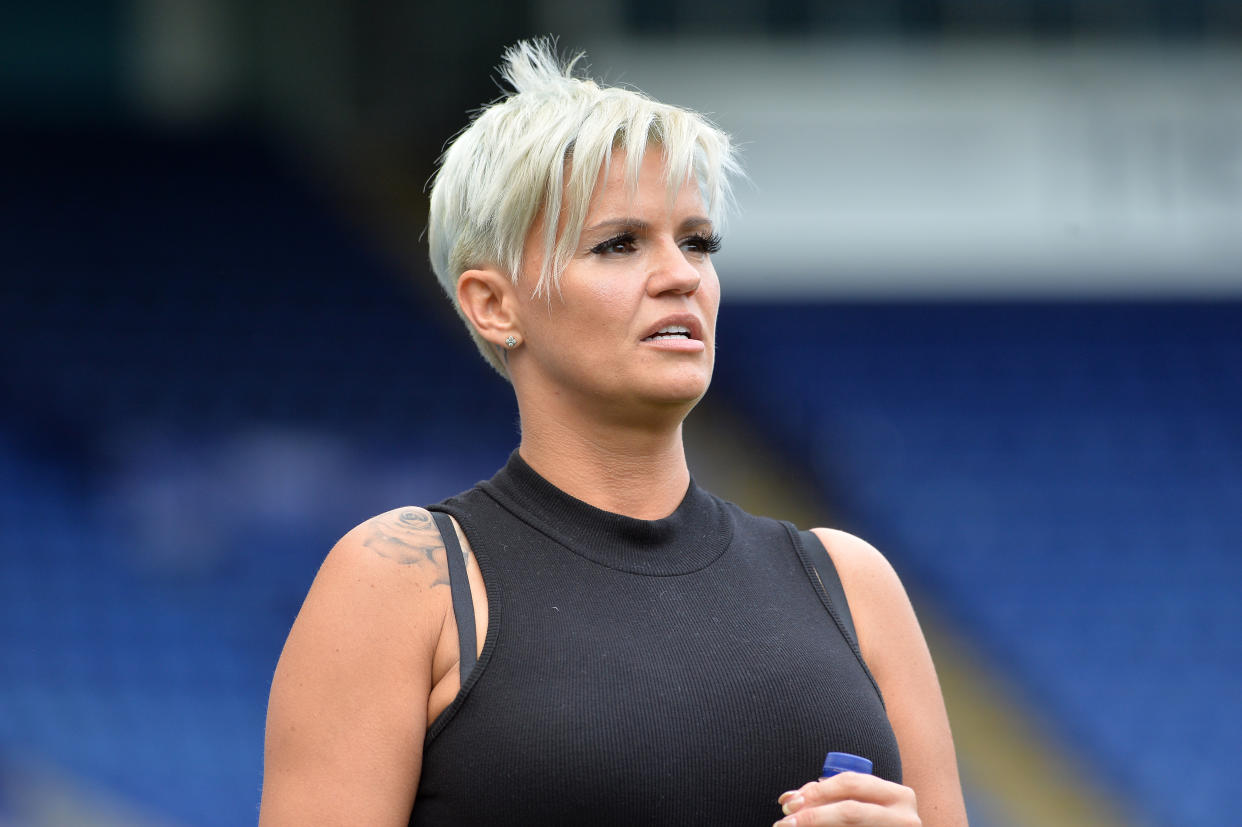 LEICESTER, ENGLAND - May 28: Team manager Kerry Katona during the Celebrity Charity Football Match at King Power Stadium on May 28 , 2017 in Leicester, United Kingdom.  (Photo by Plumb Images/Leicester City FC via Getty Images)