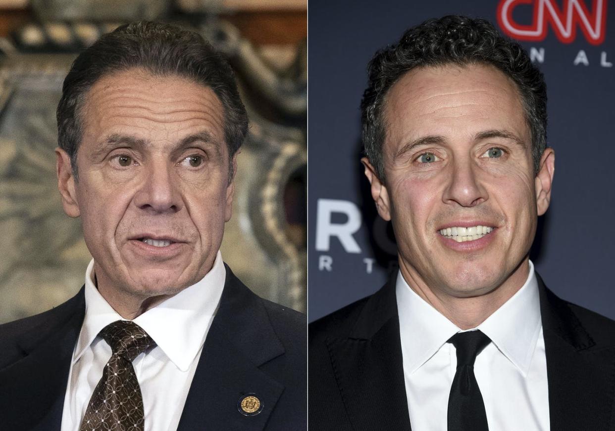 <span class="caption">Former New York Governor <span class="caas-xray-inline-tooltip"><span class="caas-xray-inline caas-xray-entity caas-xray-pill rapid-nonanchor-lt" data-entity-id="Andrew_Cuomo" data-ylk="cid:Andrew_Cuomo;pos:1;elmt:wiki;sec:pill-inline-entity;elm:pill-inline-text;itc:1;cat:Politician;" tabindex="0" aria-haspopup="dialog"><a href="https://search.yahoo.com/search?p=Andrew%20Cuomo" data-i13n="cid:Andrew_Cuomo;pos:1;elmt:wiki;sec:pill-inline-entity;elm:pill-inline-text;itc:1;cat:Politician;" tabindex="-1" data-ylk="slk:Andrew Cuomo;cid:Andrew_Cuomo;pos:1;elmt:wiki;sec:pill-inline-entity;elm:pill-inline-text;itc:1;cat:Politician;" class="link ">Andrew Cuomo</a></span></span>, left, and his brother, former CNN anchor, <span class="caas-xray-inline-tooltip"><span class="caas-xray-inline caas-xray-entity caas-xray-pill rapid-nonanchor-lt" data-entity-id="Chris_Cuomo" data-ylk="cid:Chris_Cuomo;pos:2;elmt:wiki;sec:pill-inline-entity;elm:pill-inline-text;itc:1;cat:MediaPersonality;" tabindex="0" aria-haspopup="dialog"><a href="https://search.yahoo.com/search?p=Chris%20Cuomo" data-i13n="cid:Chris_Cuomo;pos:2;elmt:wiki;sec:pill-inline-entity;elm:pill-inline-text;itc:1;cat:MediaPersonality;" tabindex="-1" data-ylk="slk:Chris Cuomo;cid:Chris_Cuomo;pos:2;elmt:wiki;sec:pill-inline-entity;elm:pill-inline-text;itc:1;cat:MediaPersonality;" class="link ">Chris Cuomo</a></span></span>.</span> <span class="attribution"><a class="link " href="https://newsroom.ap.org/detail/CuomoSexualHarassment/cb27280f4784432abd15d6afc3a44b22/photo?Query=Chris%20Cuomo&mediaType=photo&sortBy=arrivaldatetime:desc&dateRange=Anytime&totalCount=280&currentItemNo=3" rel="nofollow noopener" target="_blank" data-ylk="slk:(Mike Groll/Office of Governor of Andrew M. Cuomo via AP, left, and Evan Agostini/Invision/AP;elm:context_link;itc:0;sec:content-canvas">(Mike Groll/Office of Governor of Andrew M. Cuomo via AP, left, and Evan Agostini/Invision/AP</a></span>