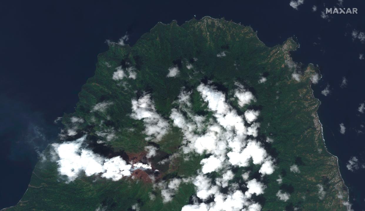 This image provided by Maxar Technologies shows La Soufriere volcano on the Caribbean island of St. Vincent, Thursday, April 8, the day before it erupted. 