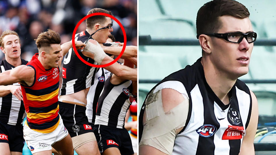 Ben Keays targets Mason Cox's glasses on the left, with Cox pictured on the right.