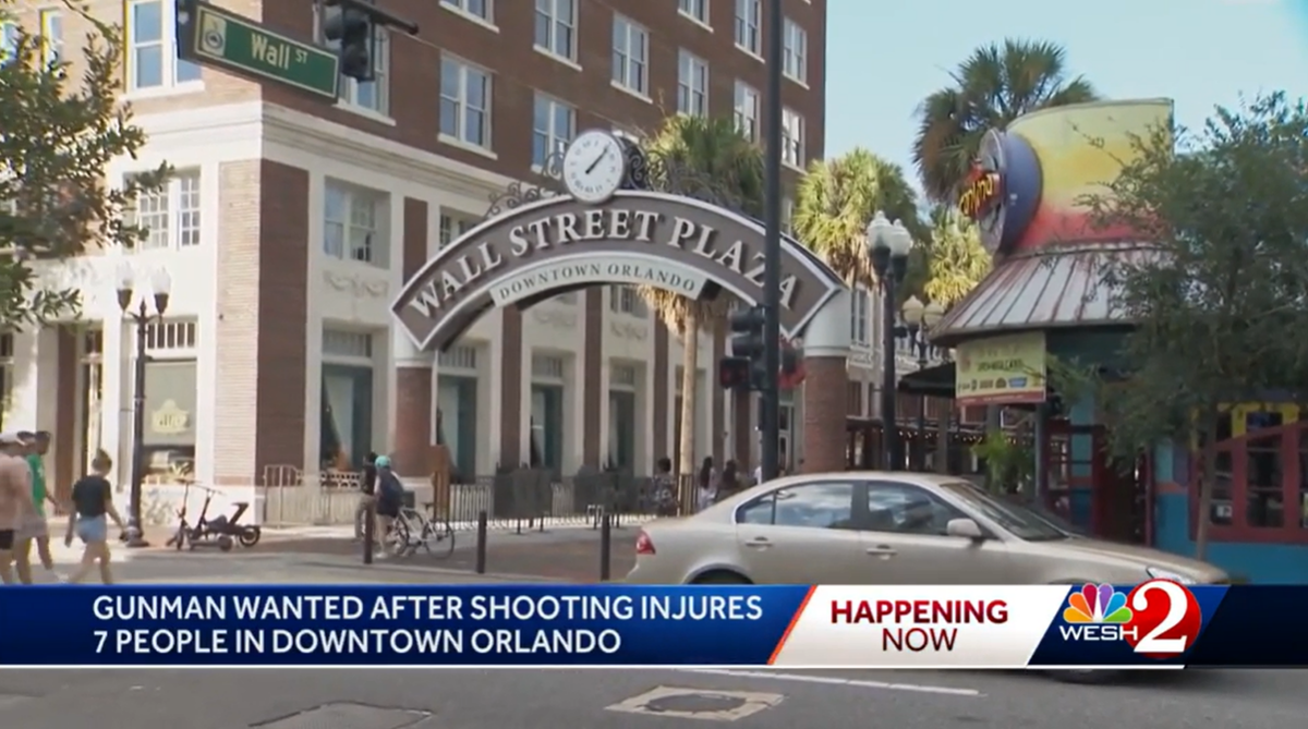 A mass shooting in downtown Orlando left seven people injured, while the gunman remained at large, police said Sunday (WESH/video screengrab)