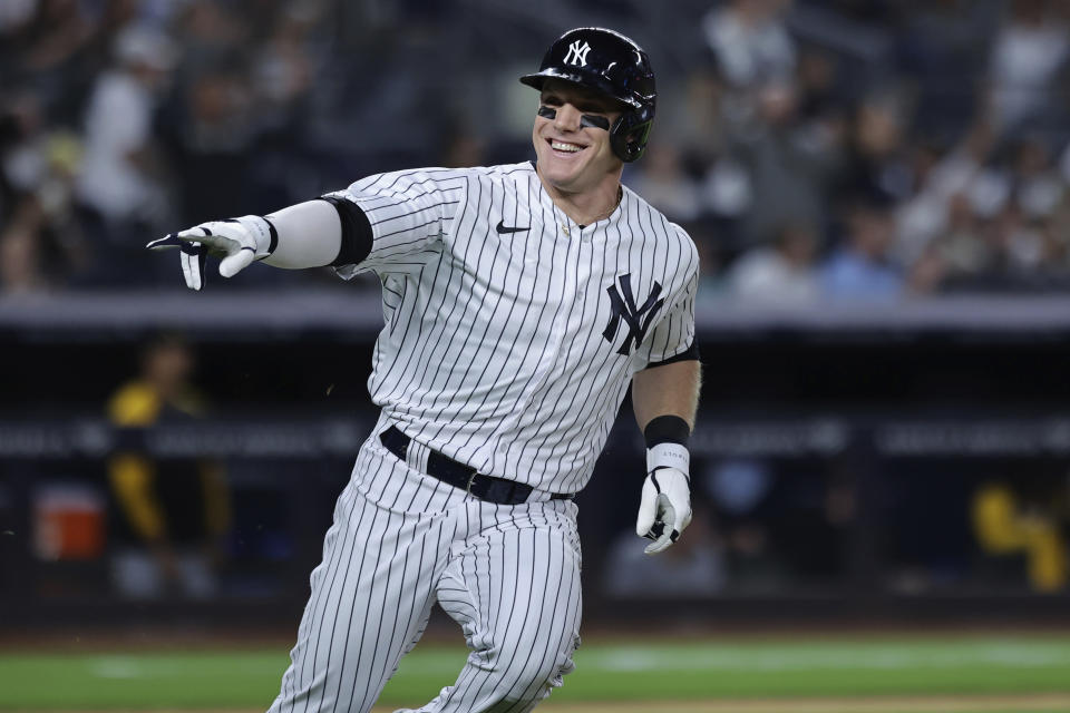 New York Yankees' Harrison Bader gestures after hitting an RBI single against the Pittsburgh Pirates during the fifth inning of a baseball game Tuesday, Sept. 20, 2022, in New York. (AP Photo/Jessie Alcheh)
