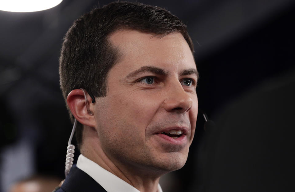 South Bend Mayor Pete Buttigieg talks to the media in the spin room following the Democratic presidential primary debate hosted by ABC on the campus of Texas Southern University Thursday, Sept. 12, 2019, in Houston. (AP Photo/Eric Gay)