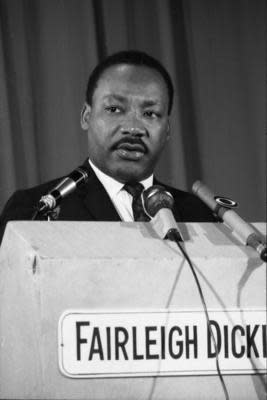 The Rev. Martin Luther King Jr. addresses students in Rutherford, N.J., in 1967.
