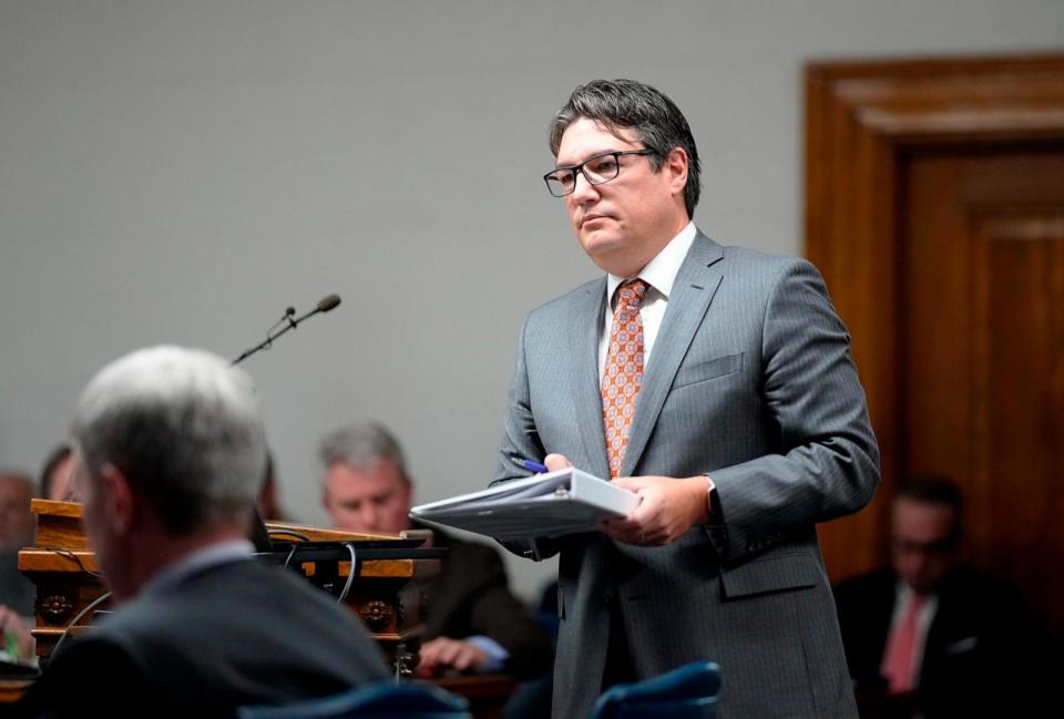 PHOTO: Sean Grimsley, attorney for the petitioners, delivers closing arguments during a hearing for a lawsuit to keep former President Donald Trump off the Colorado ballot in district court, Nov. 15, 2023, in Denver. (Jack Dempsey/AP, FILE)