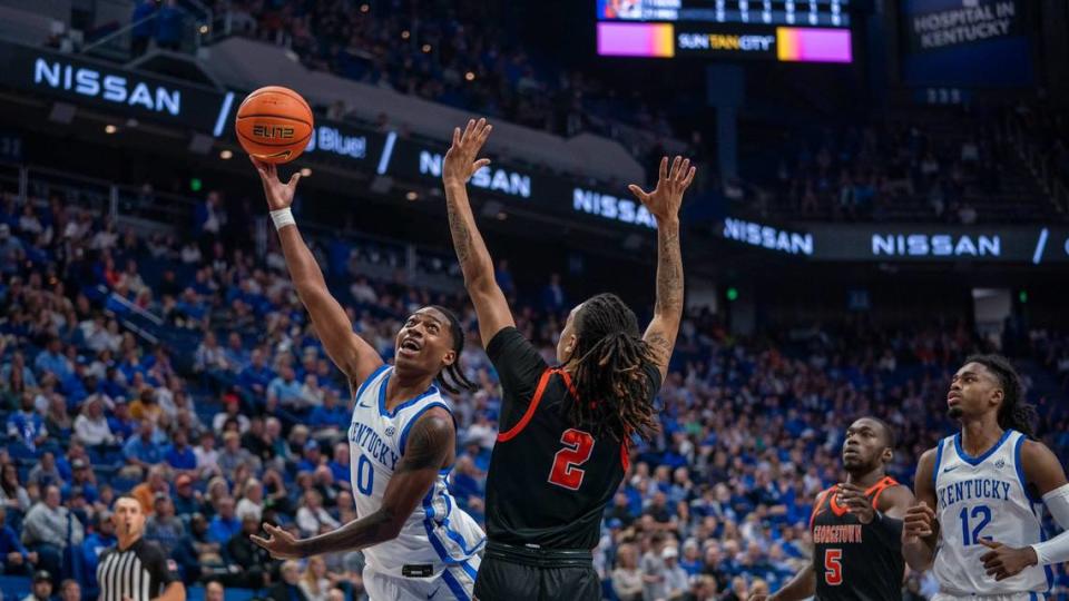 Kentucky’s Rob Dillingham attacks the basket against Georgetown College in an exhibition game at Rupp Arena.