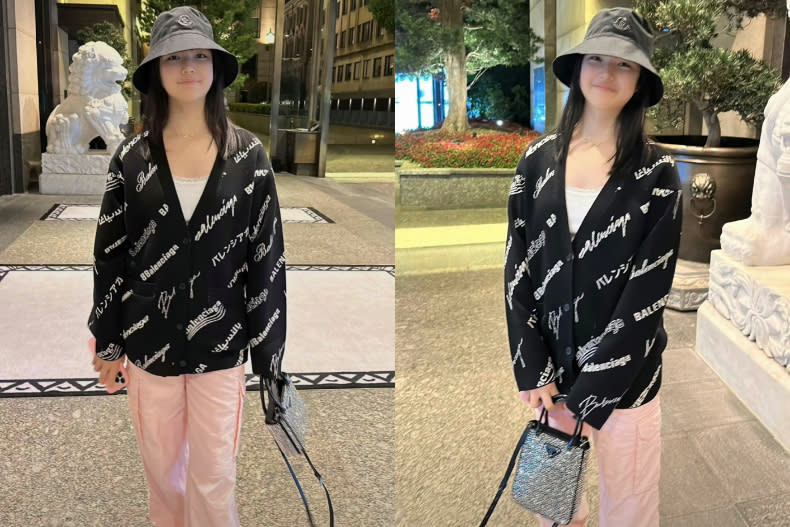 李湘先前分享了一組女兒即將回英國的動態，照片中王詩齡身穿Balenciaga針織開衫內搭白色蕾絲小可愛+Daait粉色工裝褲