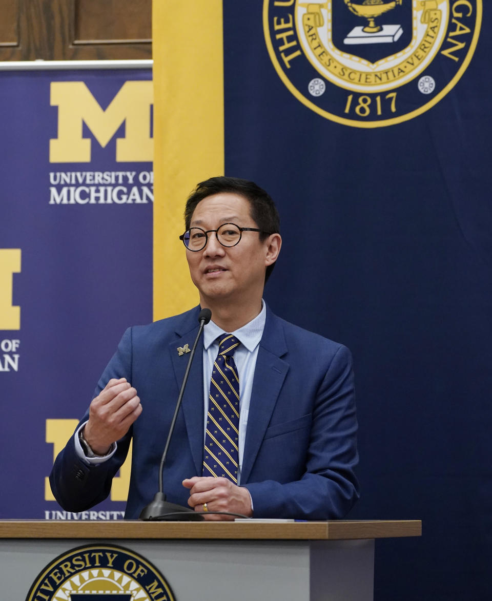 Santa Ono addresses the media after being introduced as the new president of the University of Michigan, Wednesday, July 13, 2022, in Ann Arbor, Mich. Ono becomes UM's 15th president and its first minority and Asian chief executive — the son of Japanese immigrants who came to the United States after World War II. The 59-year-old Ono has led the University of British Columbia for nearly six years after guiding the University of Cincinnati for four years. (AP Photo/Carlos Osorio)