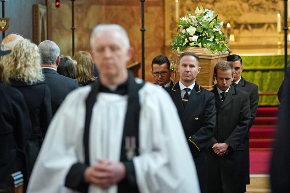 James Brokenshire’s coffin is carried from St John the Evangelist Church in Bexley, south-east London, after his funeral (Stefan Rousseau/PA) (PA Wire)