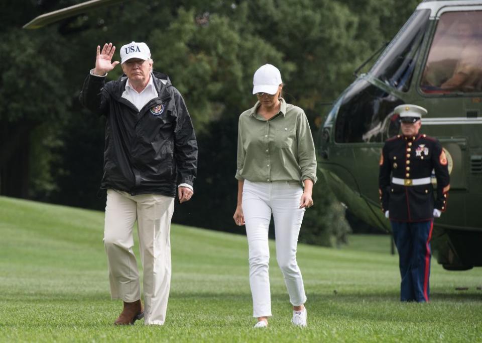 <p>Trump appeared to have <a href="http://www.telegraph.co.uk/news/2017/09/14/donald-trump-arrives-forida-meet-hurricane-irma-victims-melania/" rel="nofollow noopener" target="_blank" data-ylk="slk:changed her outfit;elm:context_link;itc:0;sec:content-canvas" class="link ">changed her outfit</a> mid-flight when she arrived in Florida after Hurricane Irma.</p>