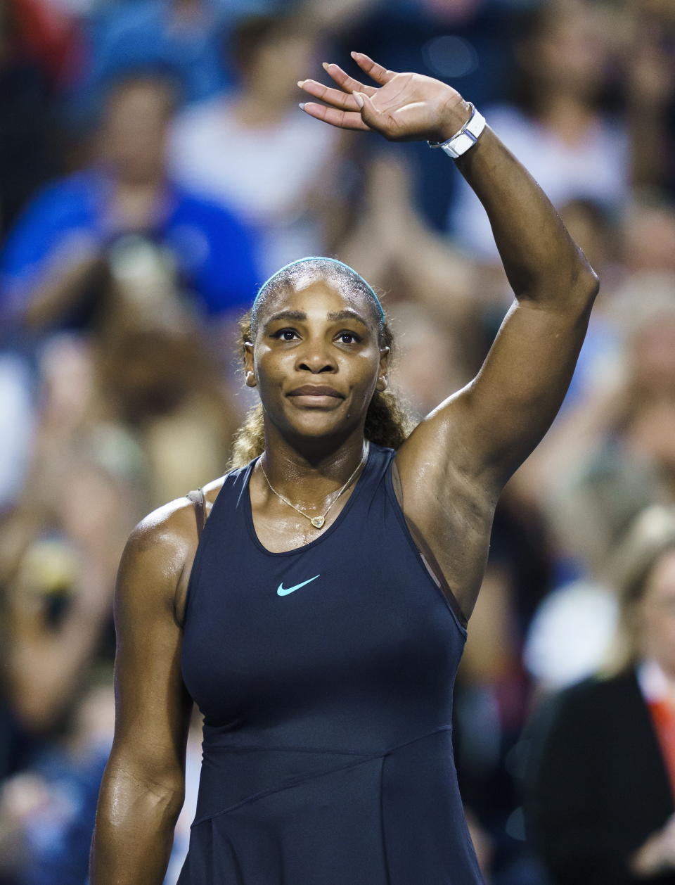 Serena Williams, of the United States, waves to the crowd after defeating Elise Mertens, of Belgium, during the Rogers Cup women’s tennis tournament Wednesday, Aug. 7, 2019, in Toronto. (Mark Blinch/The Canadian Press via AP)