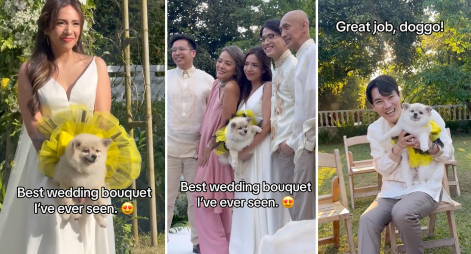 A video showing a woman carrying her dog instead of flowers has gone viral online with many hilariously asking if she followed through with the bouquet-tossing tradition. Source: TikTok/@showsuzuki