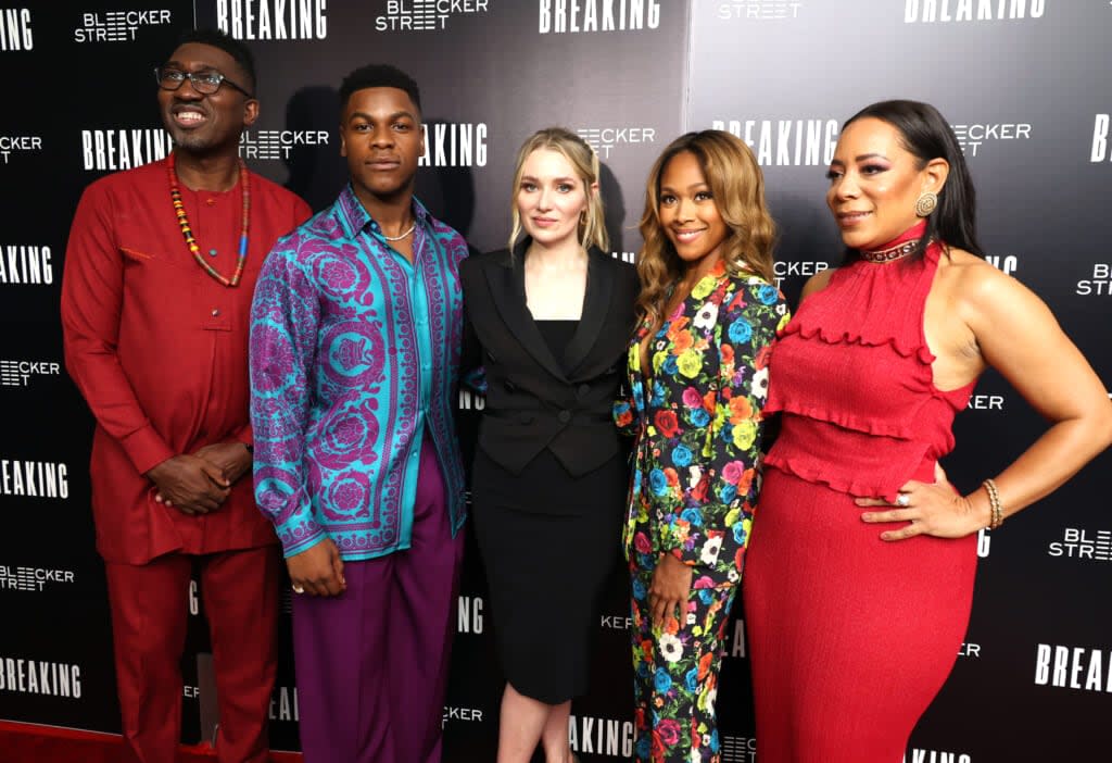 (From left) “Breaking” co-writer Kwame Kwei-Armah poses with the film’s star, John Boyega, director/co-writer Abi Damaris Corbin, and co-stars Nicole Behari and Selenis Leyva. (Photo by Eric Charbonneau)