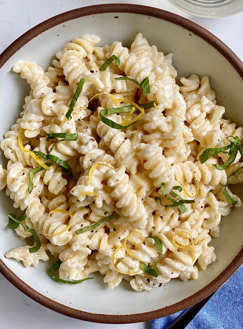 Bowl of cottage cheese pasta.