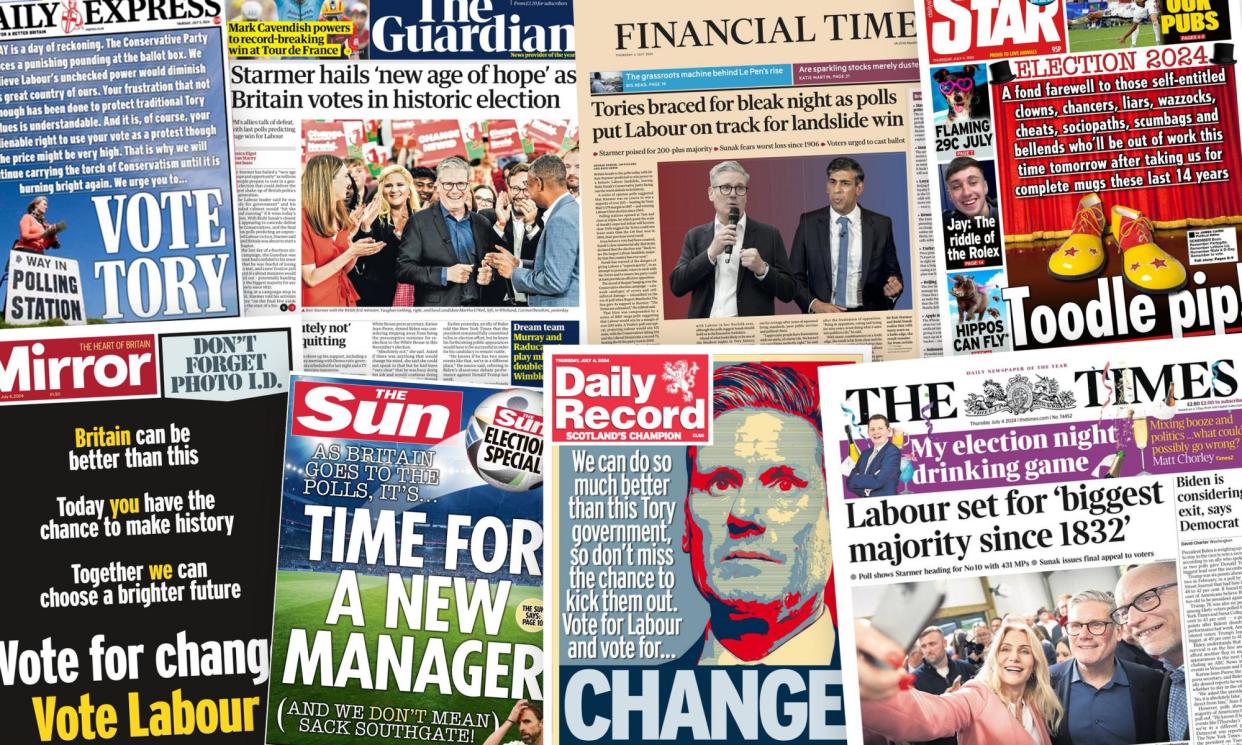 <span>UK papers on 4 July as Britain votes in the general election and Keir Starmer of Labour and Rishi Sunak of the Tories make their final pitch to voters.</span><span>Composite: Daily Express/Financial Times/Daily Star/The Mirror/The Sun/The Daily Record/The Times</span>