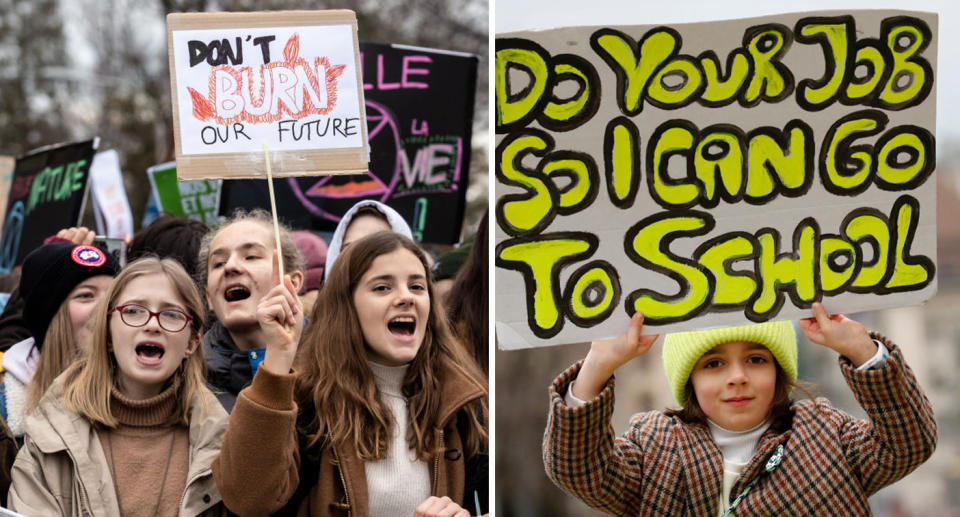 Young climate protesters can be seen.  